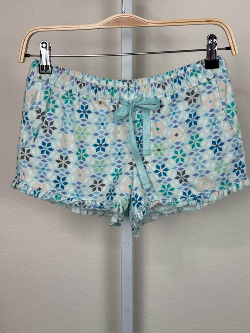 Jasmine & Ginger Women's Green & Blue XS Plaid Flannel Ruffle Trim Sleep Shorts